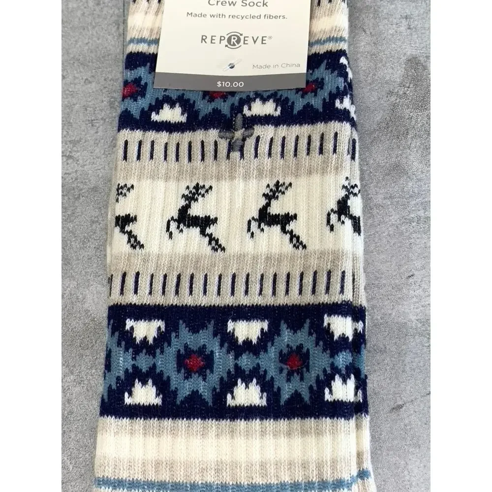 Sun + Stone Men's Blue/Tan Deer Fair Isle Fleece-Lined Crew Single Sock SZ 10-13